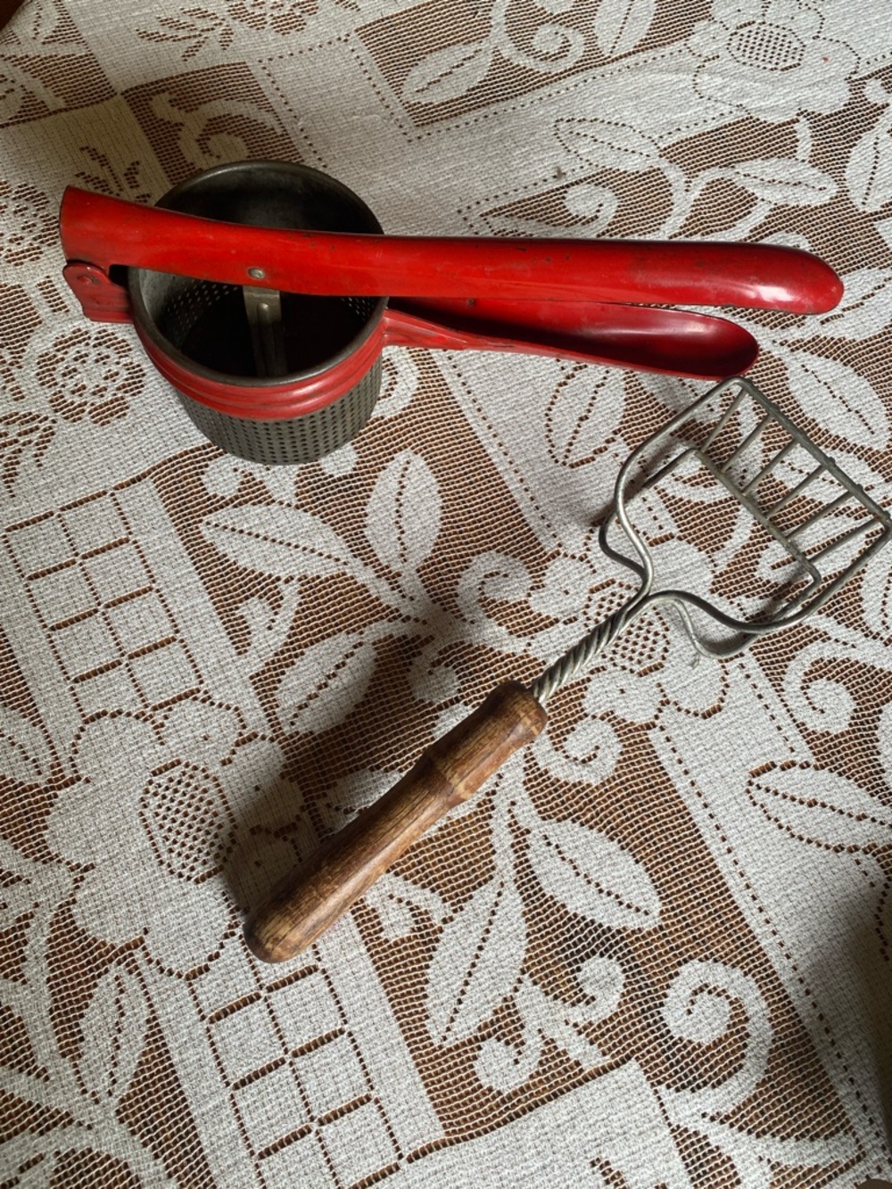Vintage Handheld Food Mill / Strainer - Red and Wood